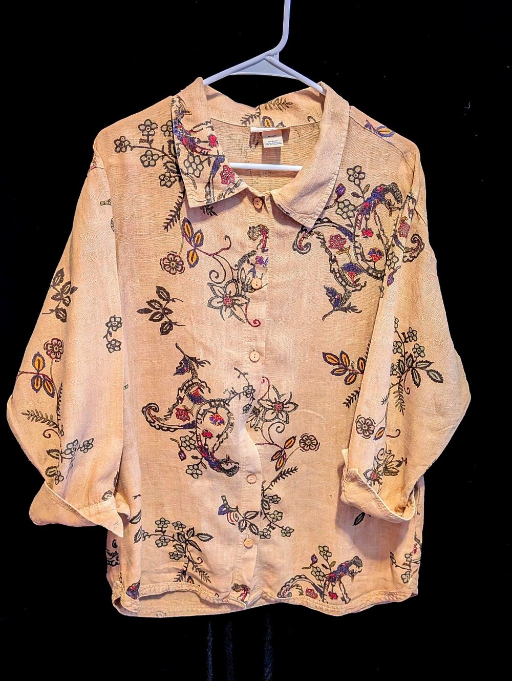 100% Linen Women's Shirt Khaki Tan W. Floral Print. Oversized Medium